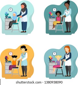 Vector Illustration of Asian, Arab, American Pediatric doctors doing vaccination immunization on a female kid patient. It'll be suitable for banner, homepage, infographic, poster, flyer, website, etc