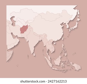 Vector illustration with asian areas with borders of states and marked country Afghanistan. Political map in brown colors with regions. Beige background