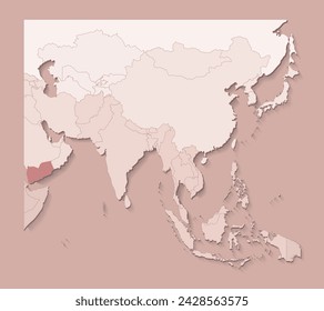Vector illustration with asian areas with borders of states and marked country Yemen. Political map in brown colors with regions. Beige background