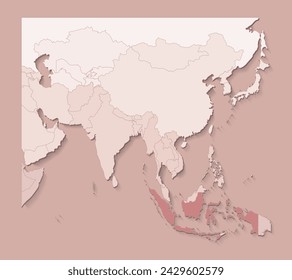 Vector illustration with asian areas with borders of states and marked country Indonesia; Political map in brown colors with regions. Beige background