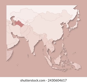 Vector illustration with asian areas with borders of states and marked country Turkmenistan. Political map in brown colors with regions. Beige background