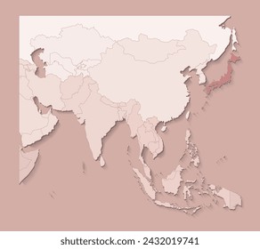 Vector illustration with asian areas with borders of states and marked country Japan. Political map in brown colors with regions. Beige background