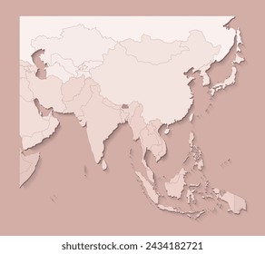 Vektor-Illustration mit asiatischen Gebieten mit Grenzen von Staaten und markiertem Land Bhutan. Politische Karte in braunen Farben mit Regionen. Beiger Hintergrund