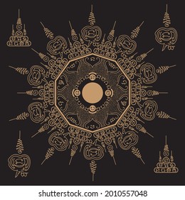 Vector illustration of Asian and Buddhism believes of ancient traditional oriental talismans applied in a circular pattern. Meaning of luck, prevent danger, progress in life, and respect of Buddhists.