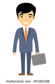 Vector illustration of asian businessman character with case in flat style. Asian male office worker.