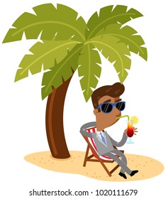 Vector illustration of an asian cartoon businessman sipping a cocktail sitting in a canvas chair underneath a palm tree on the beach