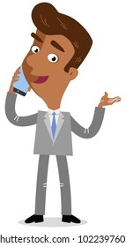 Vector illustration of an asian cartoon businessman talking on his smartphone isolated on white background