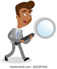 Vector illustration of an asian cartoon businessman walking and holding magnifying glass in his hands isolated on white background