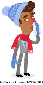 Vector illustration of an asian cartoon businessman with runny nose wearing scarf and winter clothes isolated on white background