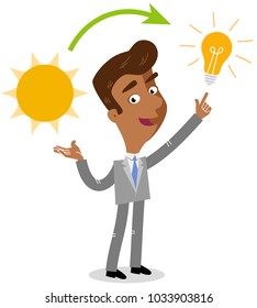 Vector illustration of an asian cartoon businessman explaining, sun and light bulb, solar energy source isolated on white background