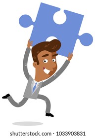 Vector illustration of an asian cartoon businessman running, holding up jigsaw puzzle piece isolated on white background