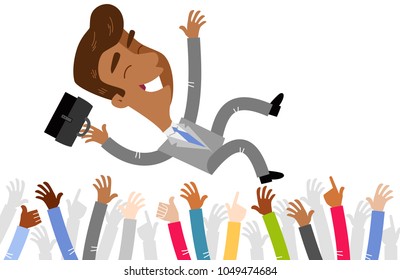 Vector illustration of an asian cartoon businessman celebrated by crowd being thrown in the air isolated on white background