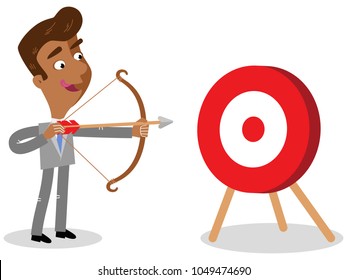 Vector illustration of an asian cartoon businessman with bow and arrow aiming at target isolated on white background