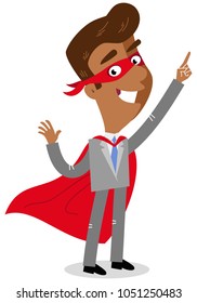 Vector illustration of an asian cartoon businessman dressed up as a superhero pointing isolated on white background