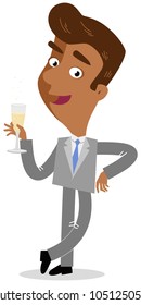 Vector illustration of asian cartoon businessman leaning and holding glass of champagne isolated on white background