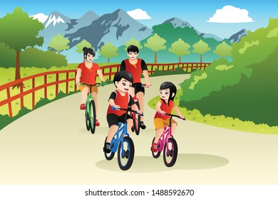 Una ilustración vectorial del ciclismo al aire libre de la familia china asiática