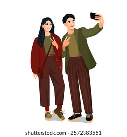 A vector illustration of an Asian couple taking a selfie, dressed in stylish casual outfits. The man holds a smartphone while making a peace sign, and the woman smiles while posing with her hand