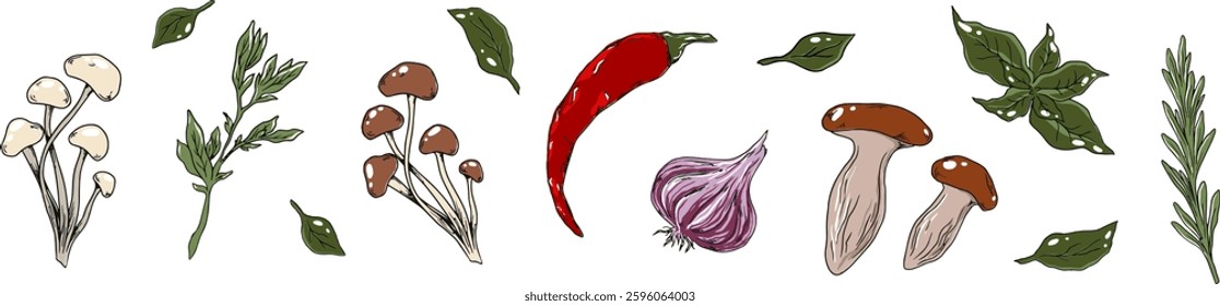 Vector illustration of Asian cuisine ingredients, including mushrooms, chili pepper, garlic, herbs. Hand drawn style gives a natural and organic feel, perfect for culinary and food related designs.