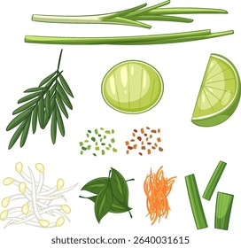 Vector illustration of Asian culinary ingredients with vibrant colors and clean lines, ideal for food-related projects