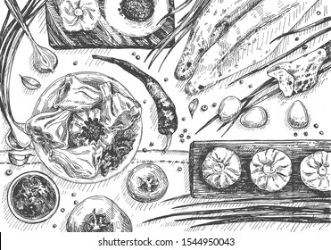 Vector illustration of Asian dim sum dumplings still life. Khinkali or Xiaolongbao served top view. Chili pepper, eggs, tomato, garlic, other ingredients and spices. Vintage hand drawn style.