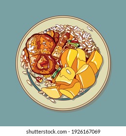 Vector illustration of an asian dish with rice and salmon served on a plate on a blue green background