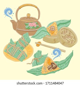 Vector illustration of Asian Dragon Boat Festival dumplings with teapot