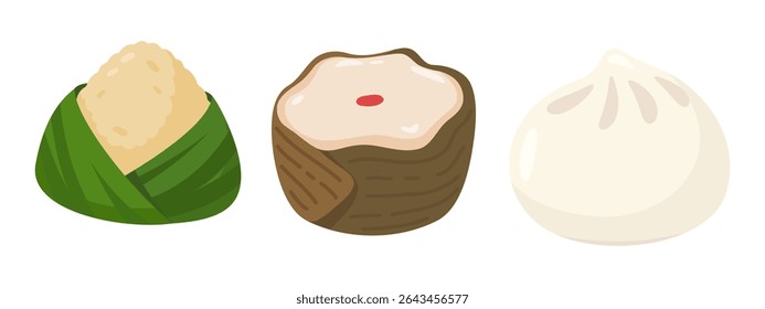 Vector illustration of Asian dumplings and sweets, including zongzi, mochi, and bao, in a minimalist style.