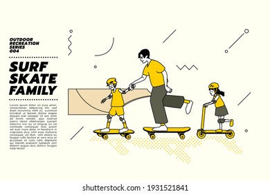 Vector illustration of Asian family, father and kids go surfing with skateboard or surf skate and kick scooter at ramp track or skate park on modern style abstract with composition background.