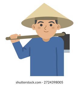 Ilustración vectorial de un agricultor asiático con un sombrero cónico y una azada