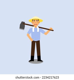 Vector illustration of an Asian farmer wearing a hat and holding a hoe.
