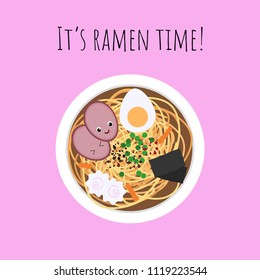 Vector illustration with asian food ramen in kawaii style on pink background. Perfect for banners, menu, flayers, etc.