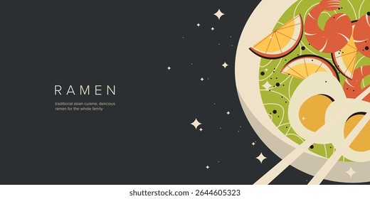 Ilustração vetorial. Comida asiática, bandeira de Ramen, capa, cartão postal. Design moderno. Macarrão, cozinha japonesa, cozinha coreana.