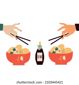 Vector illustration of Asian food rice noodle and human hands that hold chopsticks. Poster or menu for southeastern cuisine. 