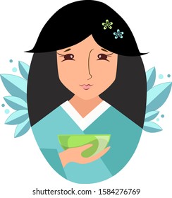 Vector illustration of an asian girl with a cup of green tea