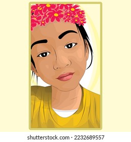 vector illustration of asian girl wearing flower crown