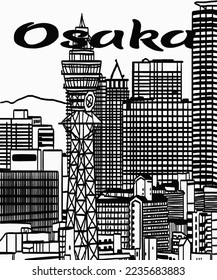 Vector illustration of Asian illustration. Inscription of Osaka. Traditional Japanese symbols. Guide on Osaka in Japan. Buildings and skyscrapers in Osaka 
