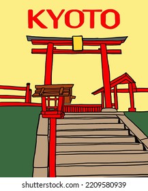 Vector illustration of Asian illustration of Japanese traditional gate. Red inscription of Kyoto. Guide on Kyoto in Japan. Japanese symbols. Traditional Japanese house. 