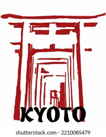 Vector illustration of Asian illustration of Japanese traditional gate. Red inscription of Kyoto. Guide on Kyoto in Japan. Japanese symbols. Traditional Japanese house. 