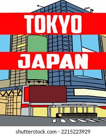 Vector illustration of Asian illustration of Japanese traditional view. White inscription of Tokyo, Japan. Guide on Tokyo in Japan. Japanese symbols. 