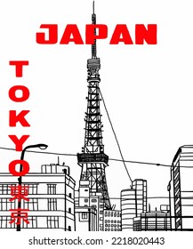 Vector illustration of Asian illustration of Japanese traditional view. Red inscription of Tokyo, Japan. Guide on Tokyo in Japan. Japanese symbols. 