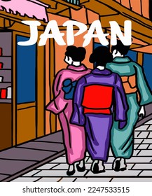 Vector illustration of Asian illustration of Japanese traditional view. Red inscription of Japan. Guide on Japan. Japanese symbols. 
