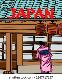 Vector illustration of Asian illustration of Japanese traditional view. Red inscription of Japan. Guide on Japan. Japanese symbols. 