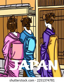 Vector illustration of Asian illustration of Japanese traditional view. Red inscription of Japan. Guide on Japan. Japanese symbols. 