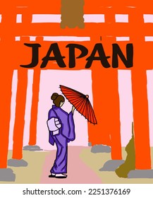 Vector illustration of Asian illustration of Japanese traditional view. Red inscription of  Japan. Guide on Japan. Japanese symbols. 