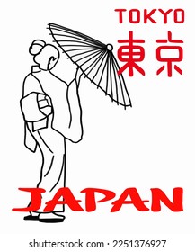 Vector illustration of Asian illustration of Japanese traditional view. Red inscription of Tokyo, Japan. Guide on Tokyo in Japan. Japanese symbols. 
