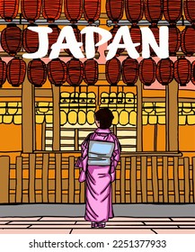 Vector illustration of Asian illustration of Japanese traditional view. Red inscription of Japan. Guide on Japan. Japanese symbols. 