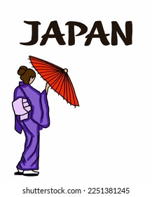 Vector illustration of Asian illustration of Japanese traditional view. Red inscription of Japan. Guide on Japan. Japanese symbols. 