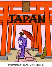 Ilustración vectorial de la ilustración asiática de la visión tradicional japonesa. Inscripción roja de Japón. Guía sobre Japón. Símbolos japoneses. 