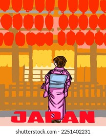 Vector illustration of Asian illustration of Japanese traditional view. Red inscription of  Japan. Guide on Japan. Japanese symbols. 