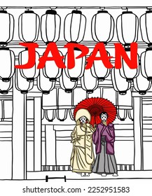 Vector illustration of Asian illustration of Japanese traditional view. Geisha in traditional suit - kitsuke. Inscription of Japan. Guide on  Japan. Japanese symbols. 